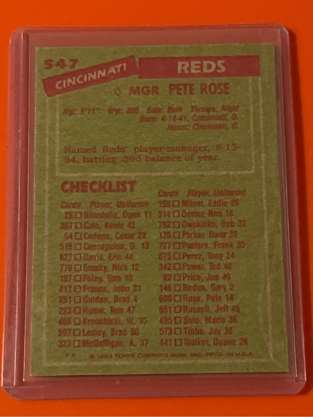 Pete Rose #547 1985 Topps Baseball Trading Card